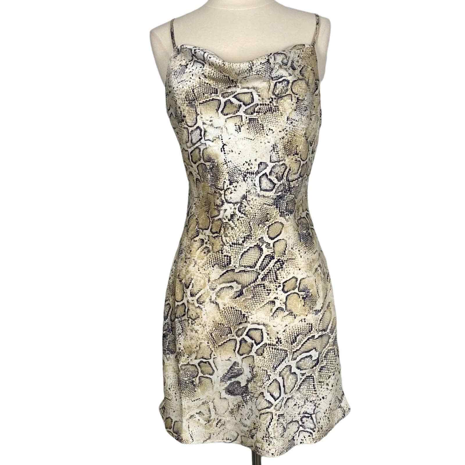 JOA Revolve Breanna Beige Snake Print Satin Cowl Neck Slip Dress Small