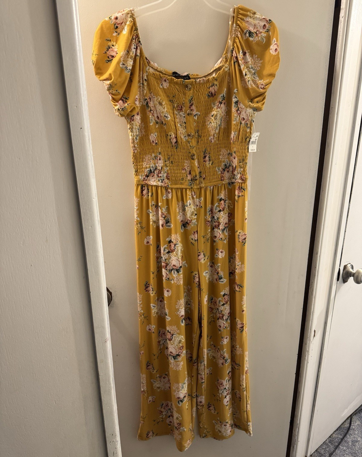 Women’s XL Yellow Floral Square Neck Smocked Puff Sleeve Romper Jumpsuit