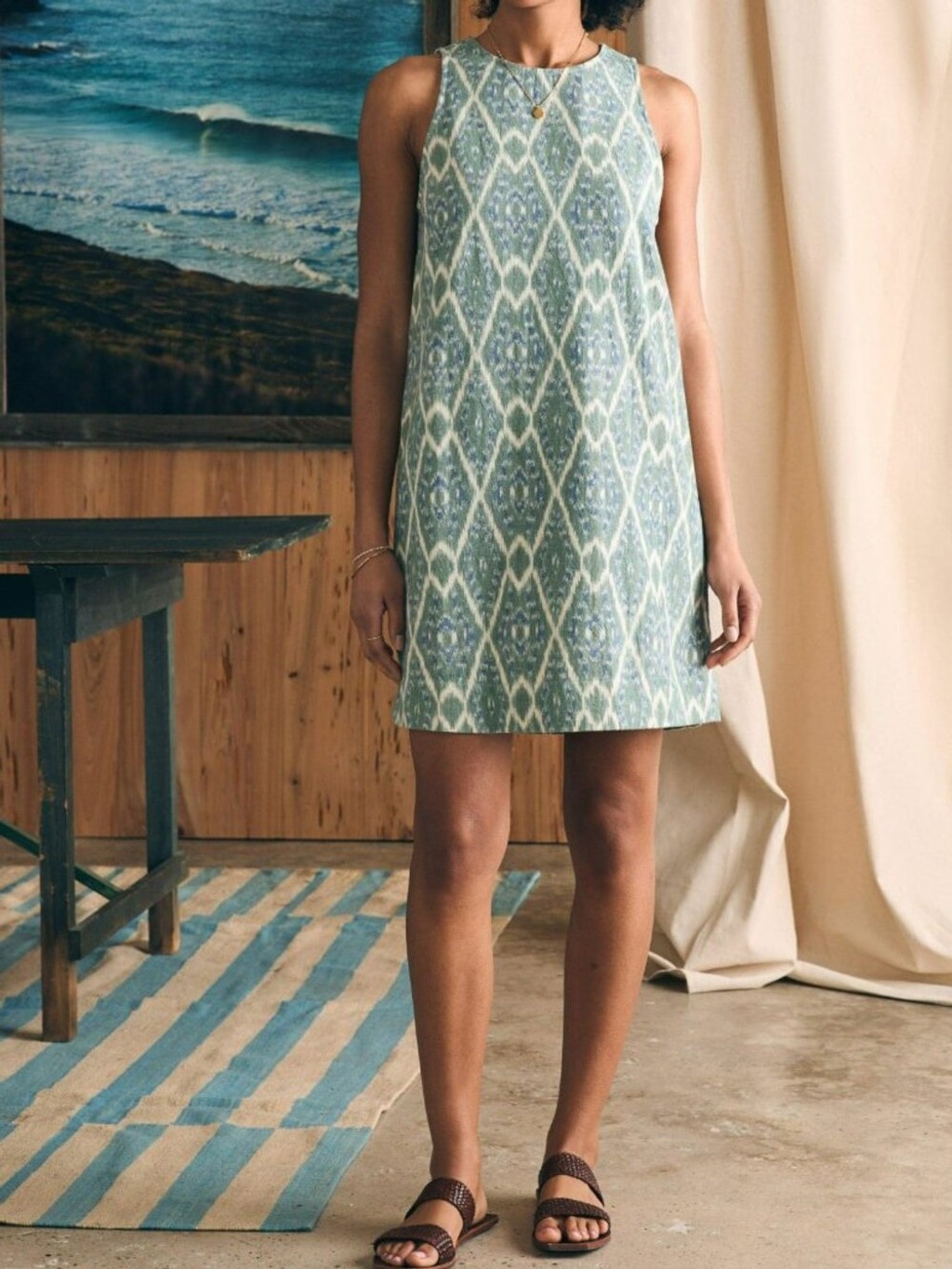 Granola Boho Coastal Preppy Faherty Blue Green Ikat Shift Mini Dress Sz XL NWOT
