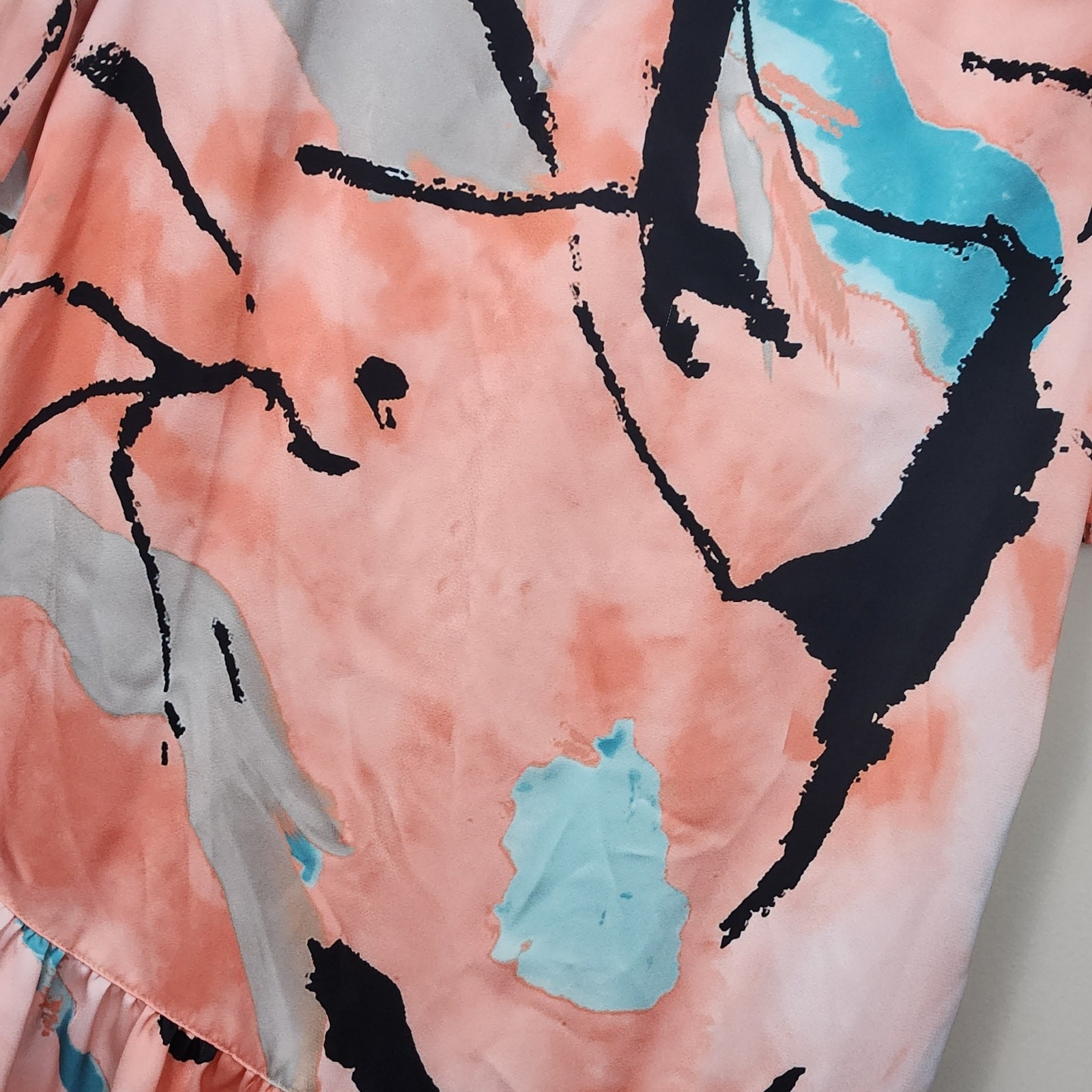 Ming Wang Abstract Print Watercolor Brushstroke Mock Neck Ruffle Dress SZ XS