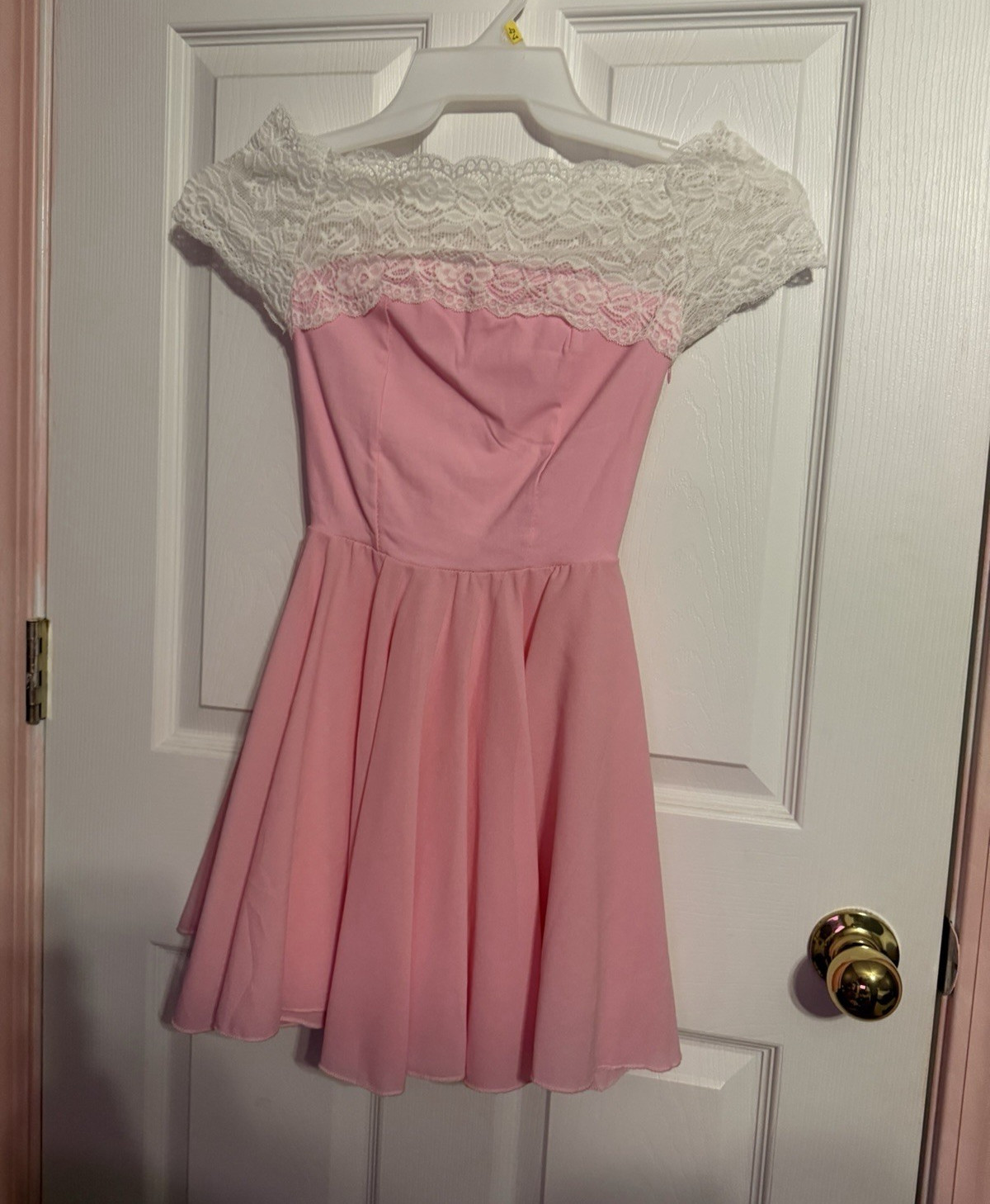 Women’s Pink White Lace Off-Shoulder Fit & Flare Short Dress Zip Size S