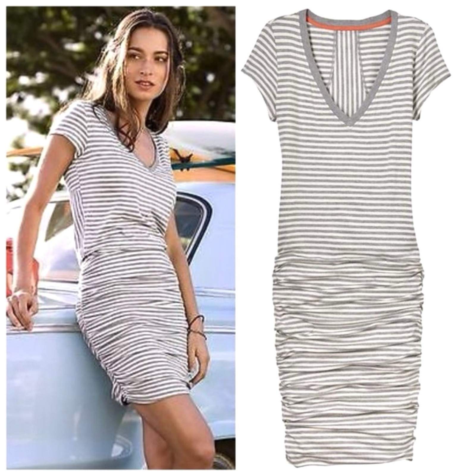 Athleta Topanga Striped Ruched T Shirt Dress Sz XS Stretchy V Neck Preppy