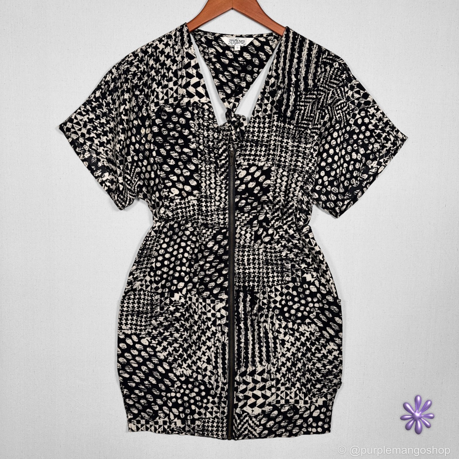 Tramp Zip Front Open Back Mini Dress | Black Cream | Pockets | Y2K | SMALL