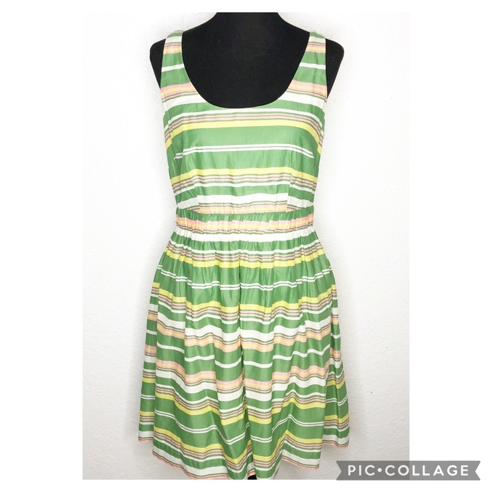 Boden green white yellow pink striped sleeveless fit flare dress size 8R