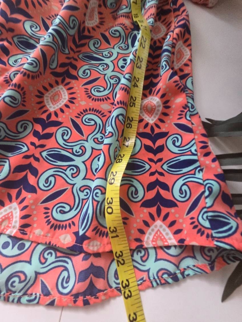 Geometric Paisley Pink/Blue Print 3/4 Sleeve Elastic Waist Midi Summer Dress S
