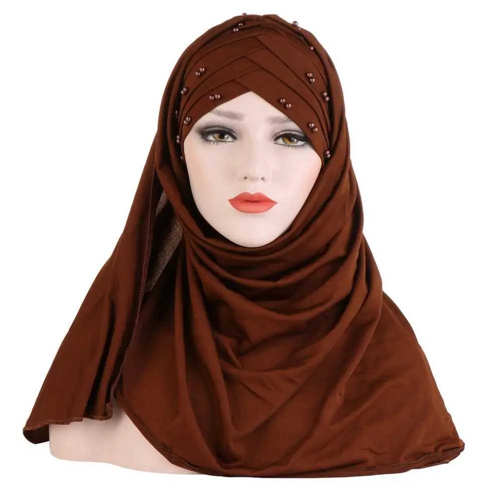 2019 Muslim Cotton Scarf Plain Hijabs With Bead Shawls And Wraps Femme Musulman