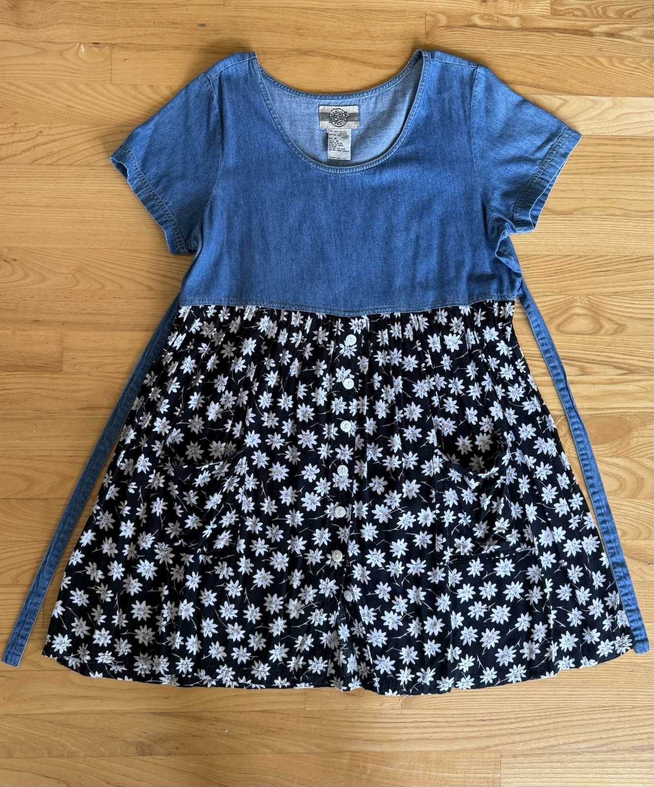 🌻 Vintage 90s Denim Republic Floral Daisy Babydoll Dress Top – Medium