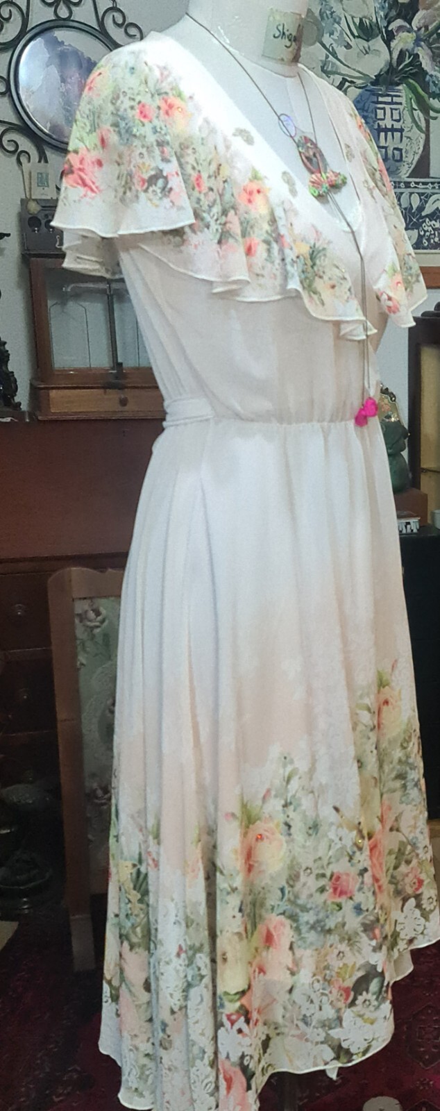 Michal Negrin Great Wrap White Dress Floral Pattern With Slip- Size “M”
