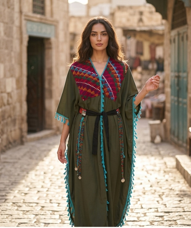 Handmade Boho Embroidered Kaftan Dress Green Bedouin Style Maxi Tassel Coin Belt