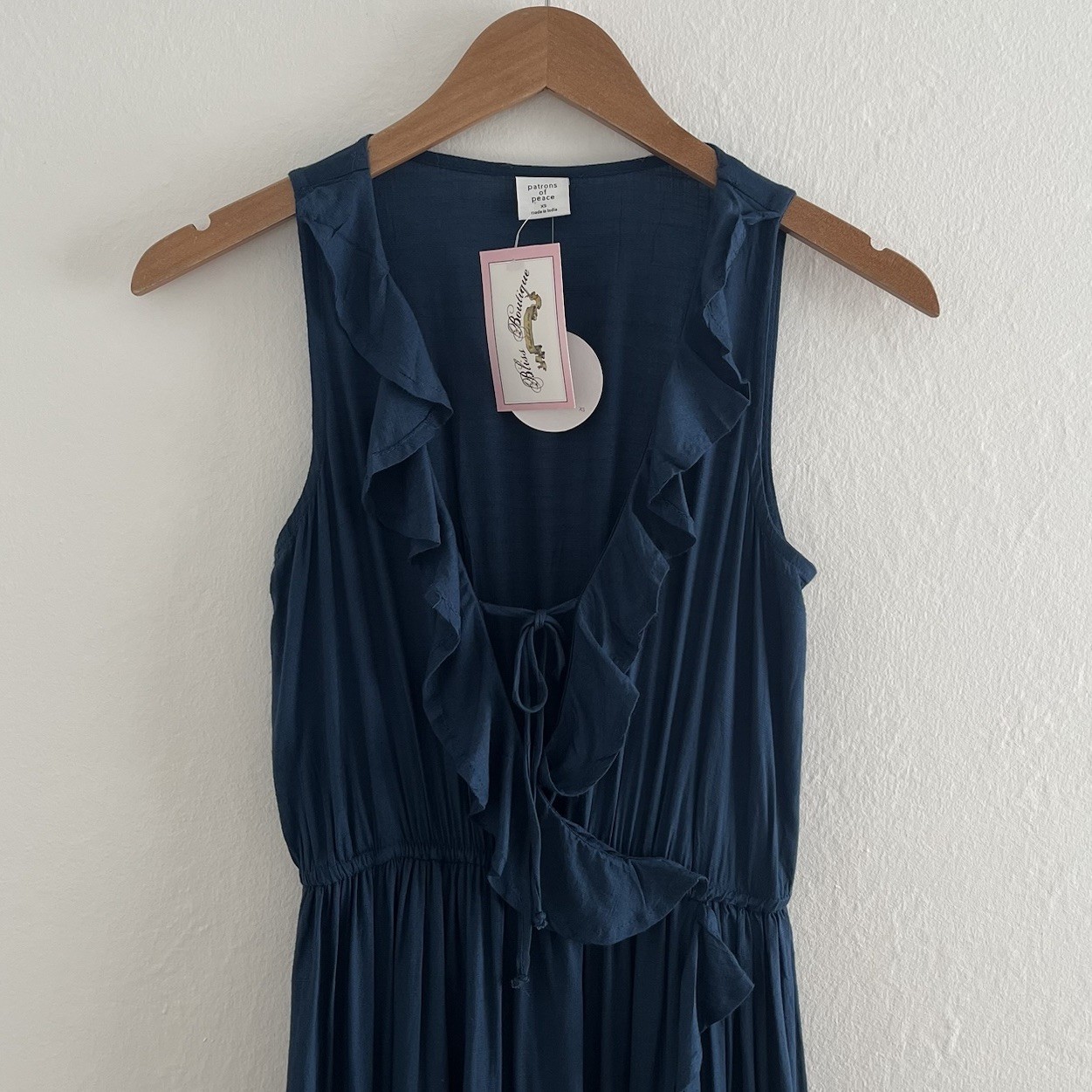 Patrons Of Peace Maxi Dress XS Navy Boho Wrap Around Ruffle Asymmetrical Hemline