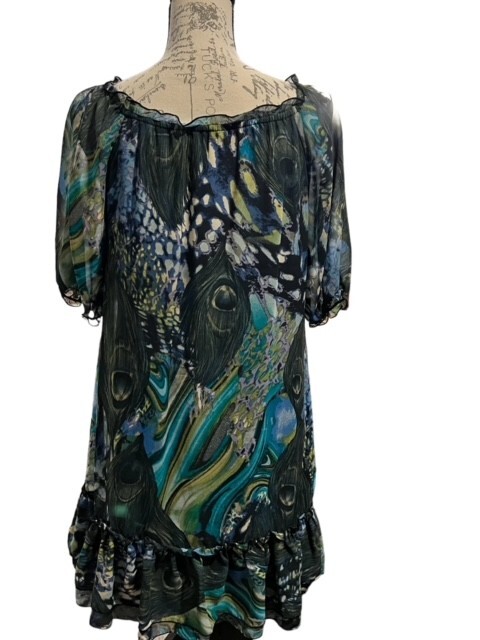Belle Du Jour Mini Shift Dress M PEACOCK Feathers Ruffles BOHO Lined SUPER CUTE!