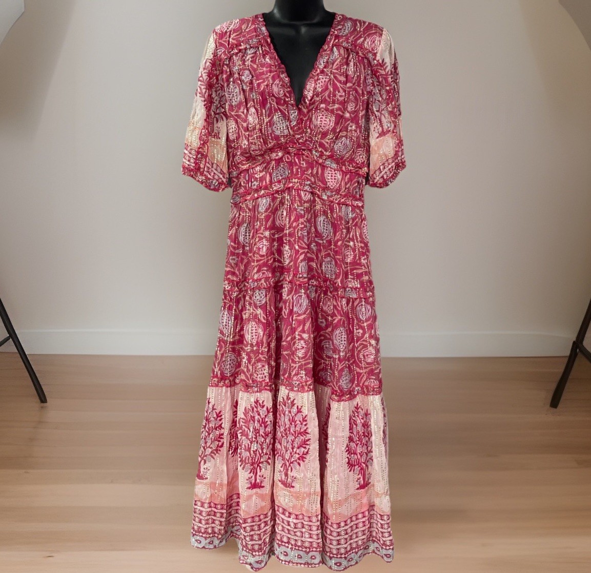 ASH & EDEN Tuckernuck Maxi Dress M Pink Gold Tiered Boho Hippie India Artsy NWT
