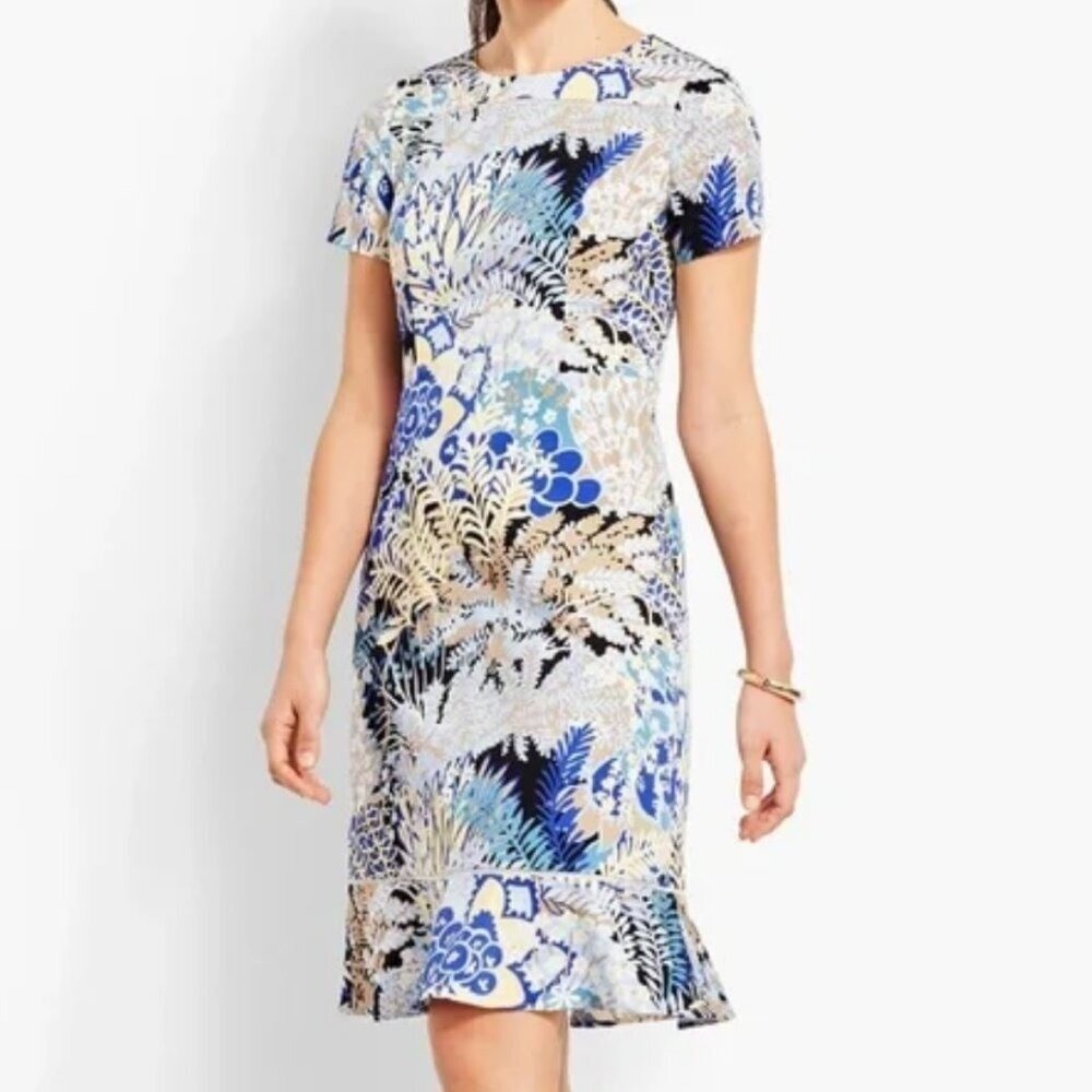 Talbots Botanical Garden Cotton Shift Dress Tan Blue Flounce Hem (Size 16P)