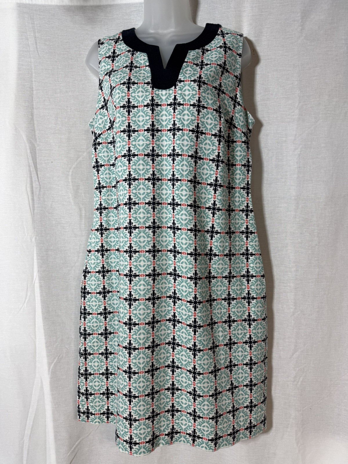 Talbots Linen Blend Sleeveless Shift Dress Geometric Teal Blue Womens Size 10