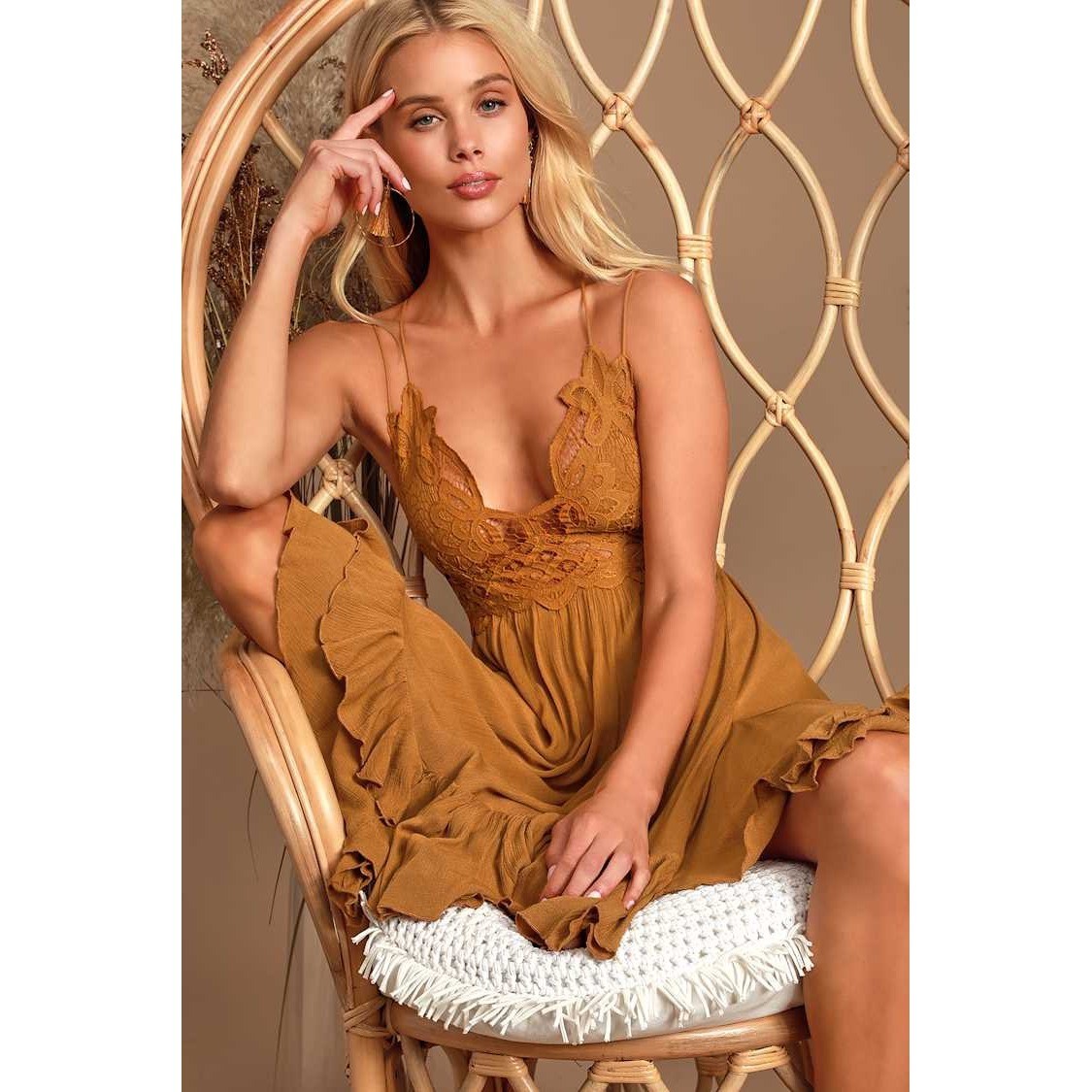 Free People FP One Adella Slip Dress Golden Yellow Lace Boho Ruffle Mini Medium