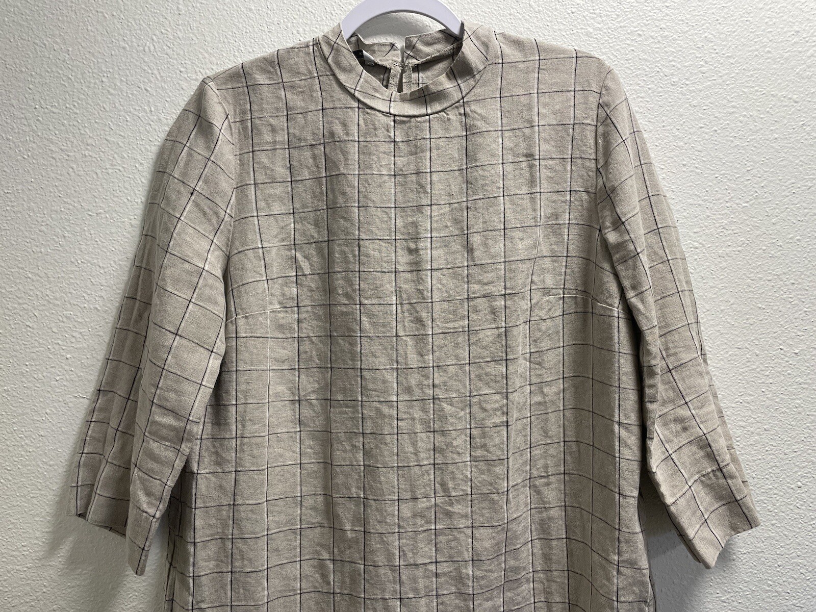 Linenfox Checkered Linen Shift Dress Short Sleeve Pockets Lagenlook Tan XL