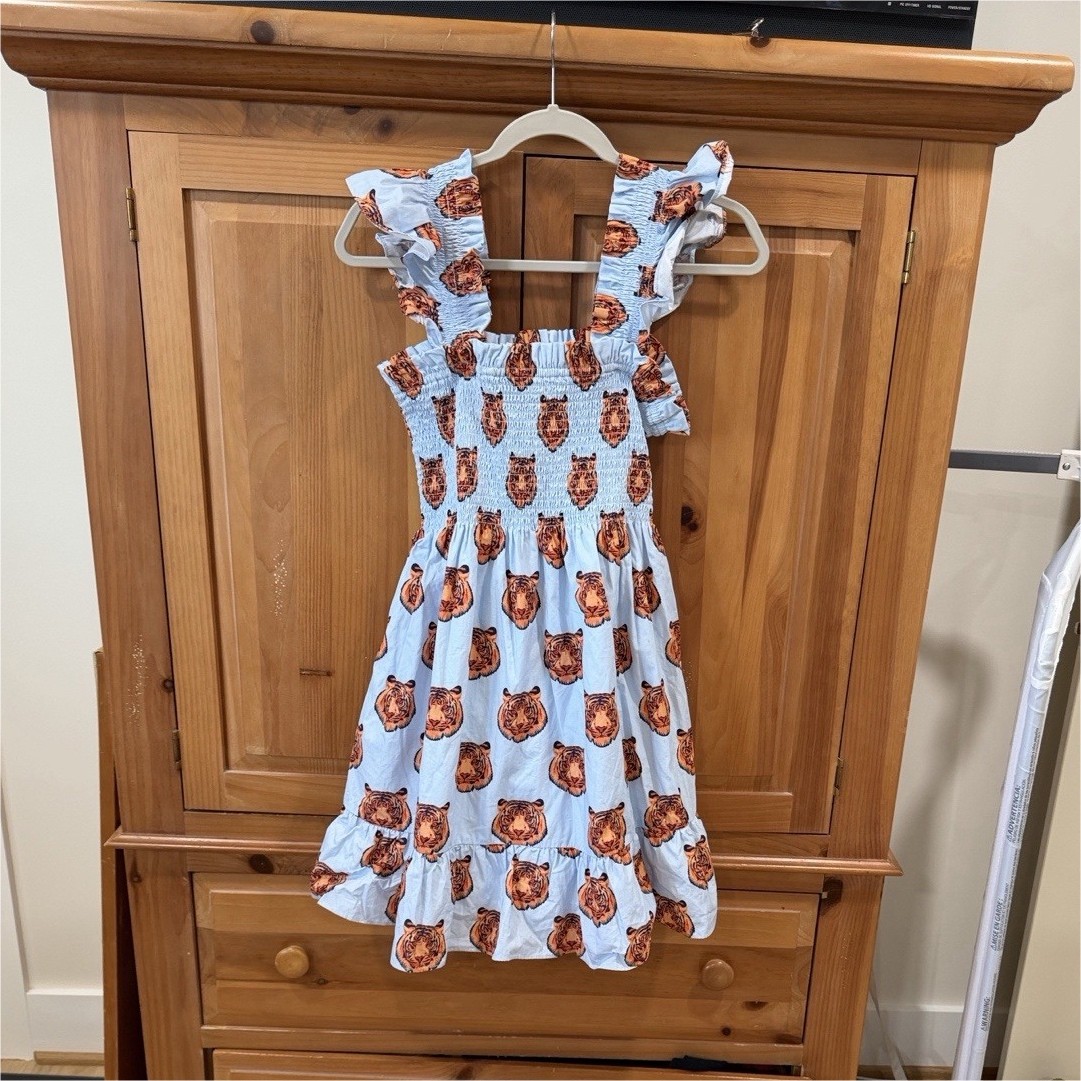 Stewart Simmons Tiger Print Smocked Ruffle Sundress Light Blue Orange Size M