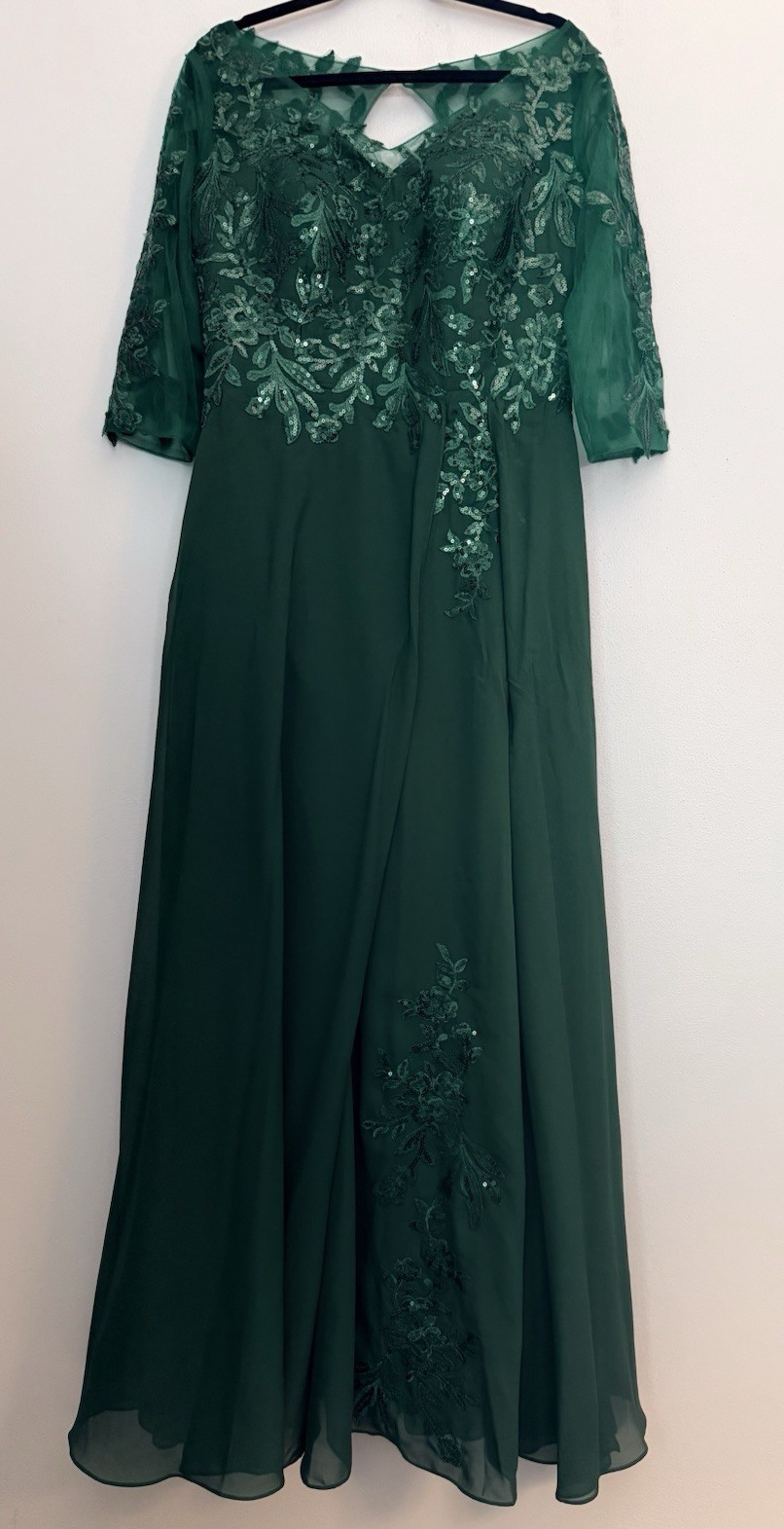 Women’s Green Floral Lace Embroidered Long Gown Dress 3/4 Sleeve Size 12