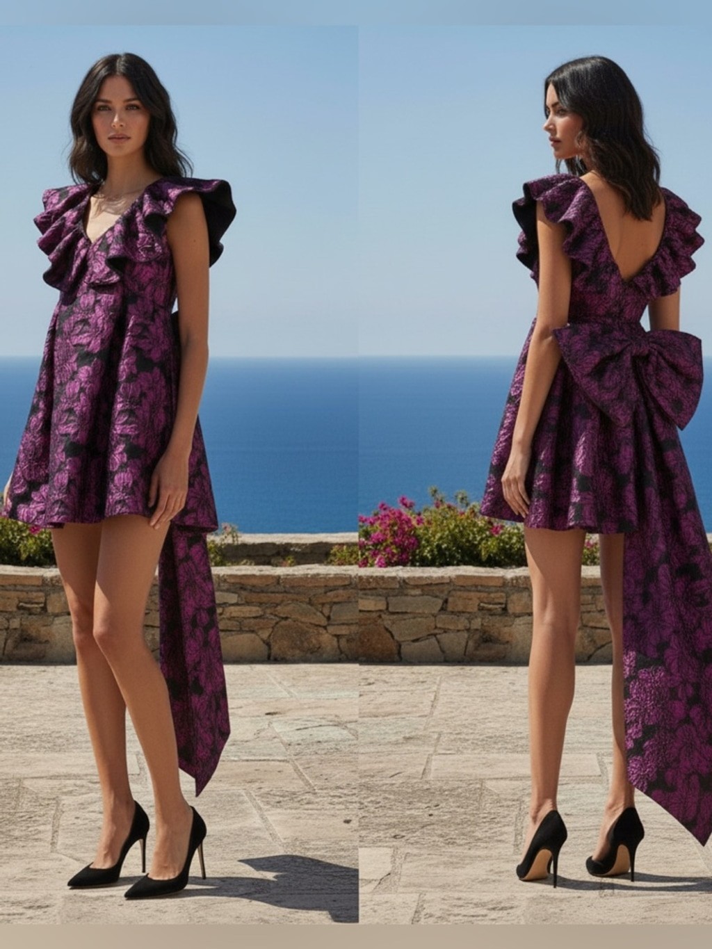 Amy Lynn Jaime ruffle sleeve mini dress with bow back pink floral jacquard Small