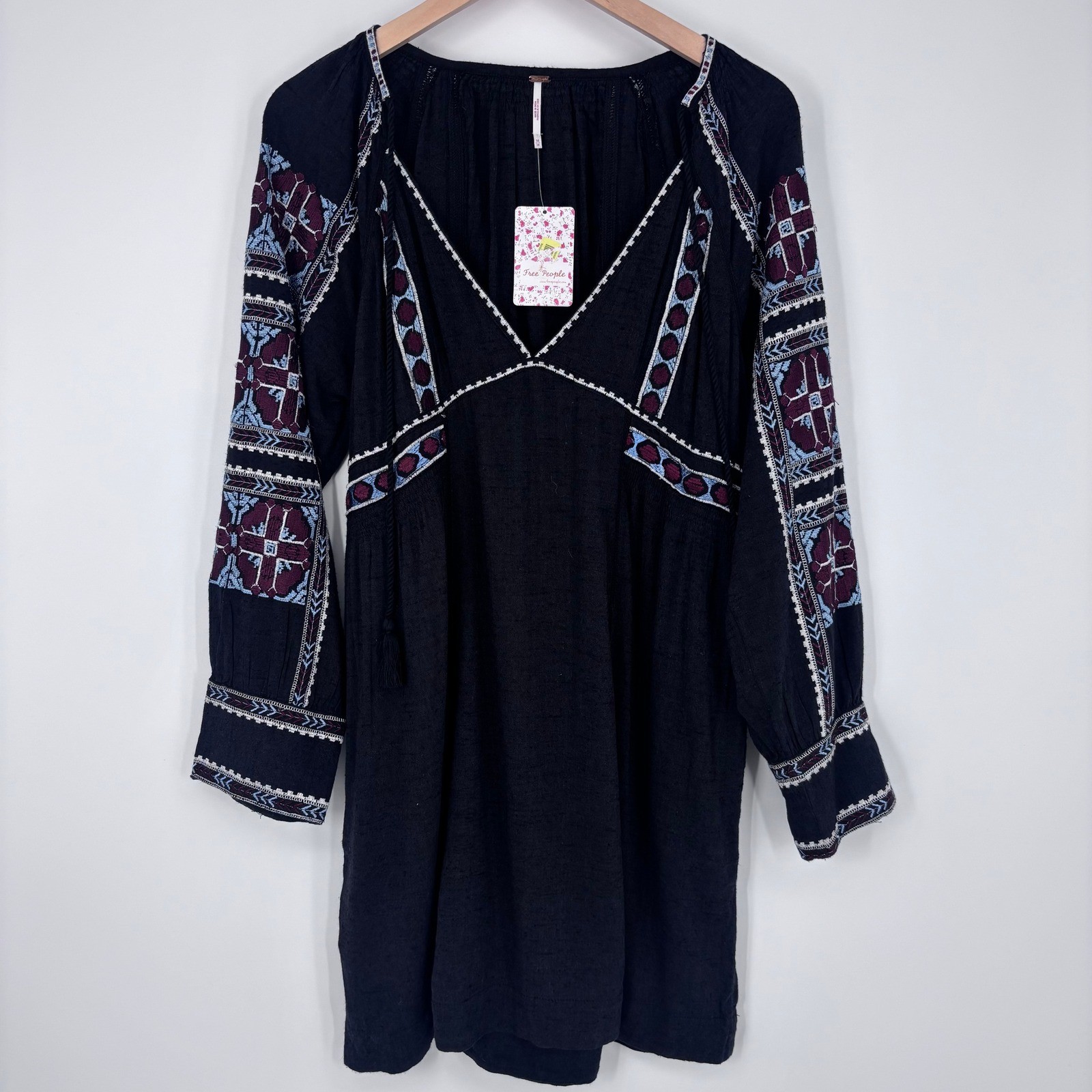 Free People All My Life Mini Dress Womens M Black Embroidered Boho Peasant NEW