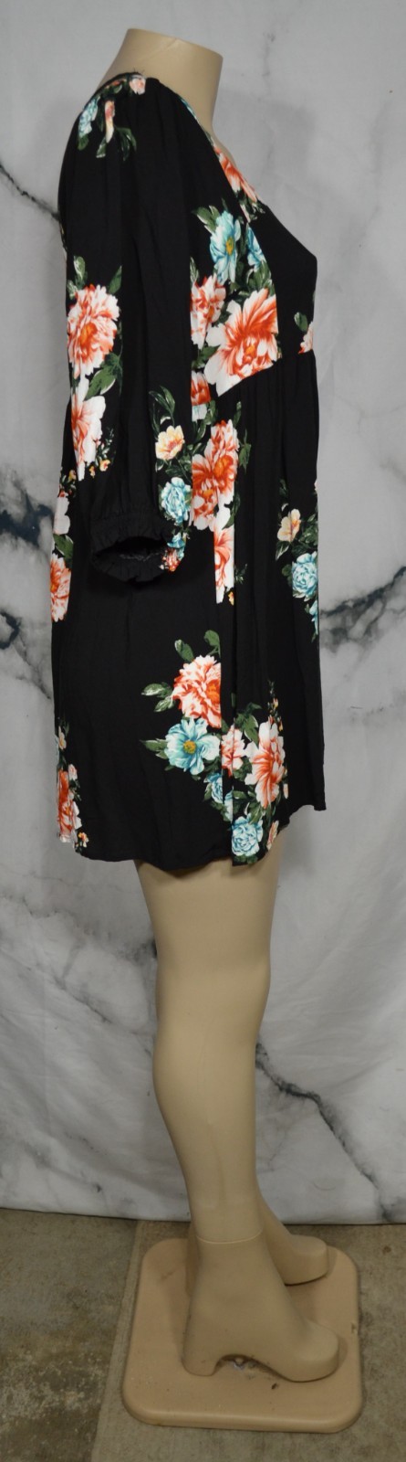 REMIXMESS Black Multicolor Floral Print Dress Tunic Medium 3/4 Sleeves Rayon
