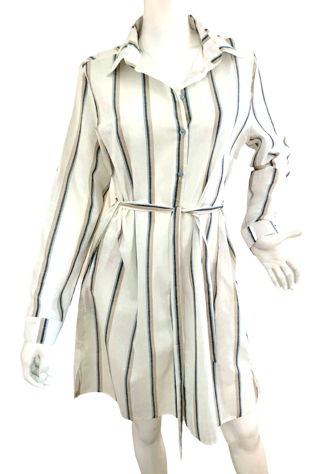{ELLE} Shirt-Dress/Top/Cover-Up White-Stripe Long Sleeve Cotton Summer ~ L