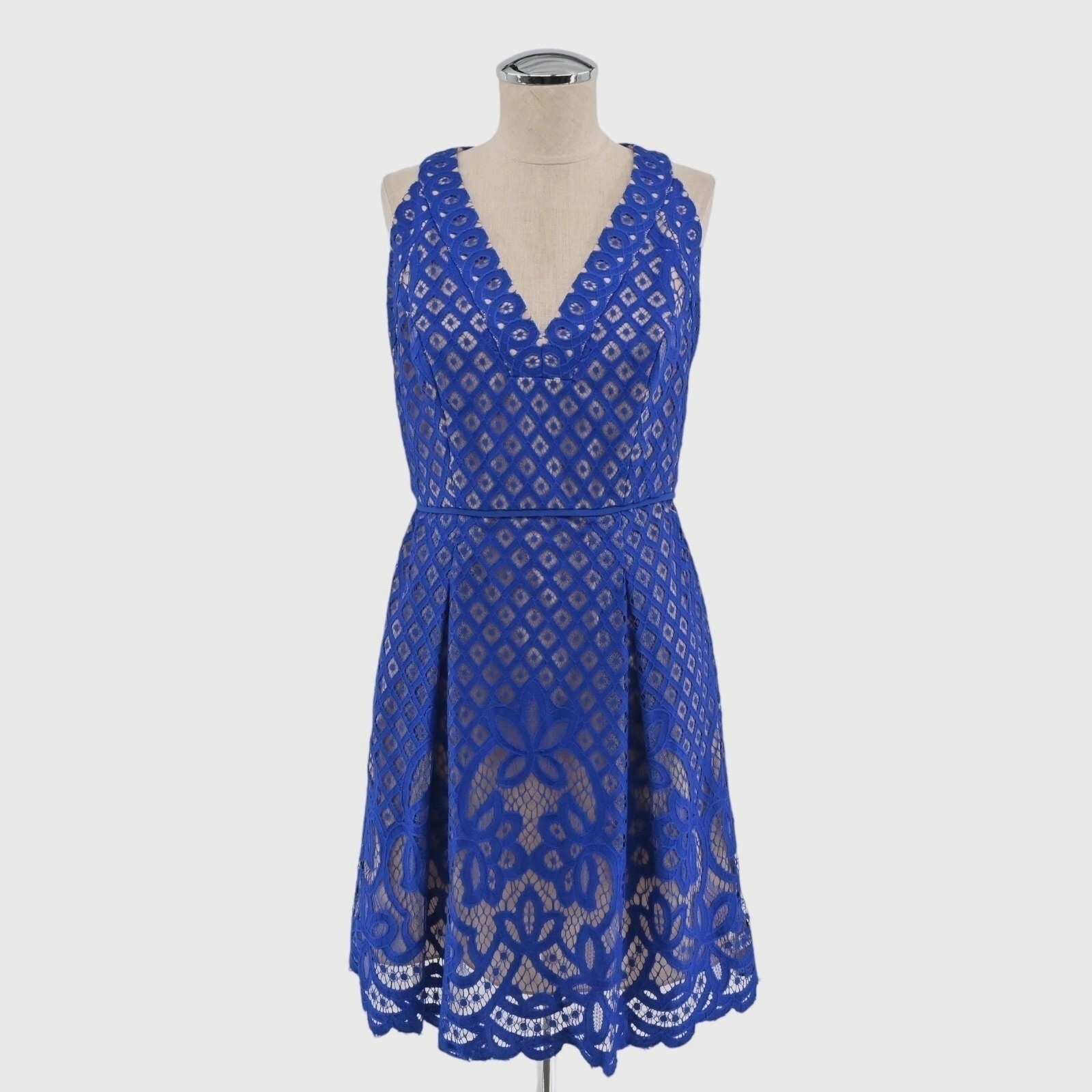 Adrianna Papell Lace Fit Flare Dress Womens Size 4 Blue Cotton Blend Cocktail