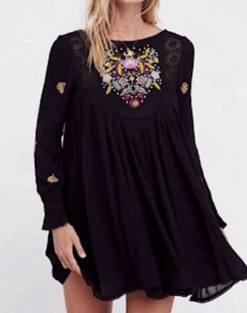 Free People Mohave Mini Dress Black Embroidered Festival Boho Women’s Medium