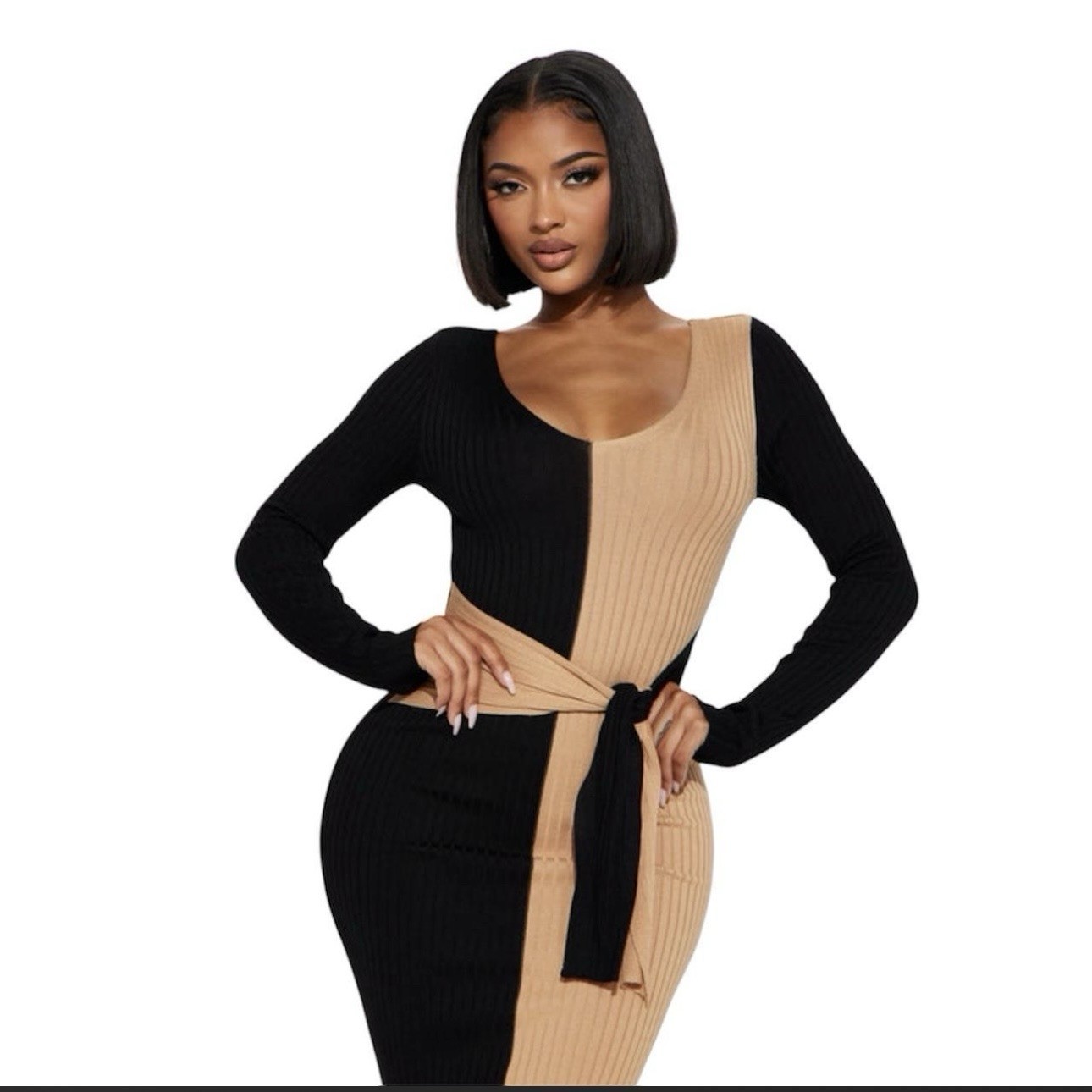 Love Always by FCT Colorblock Sweater Dress Bodycon Knit Black Beige Small S