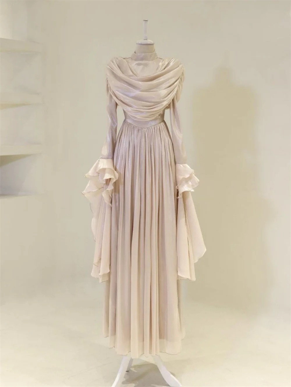 Chiffon Ruched Pleat Straight High Collar Long Dresses Bespoke Occasion Dresses