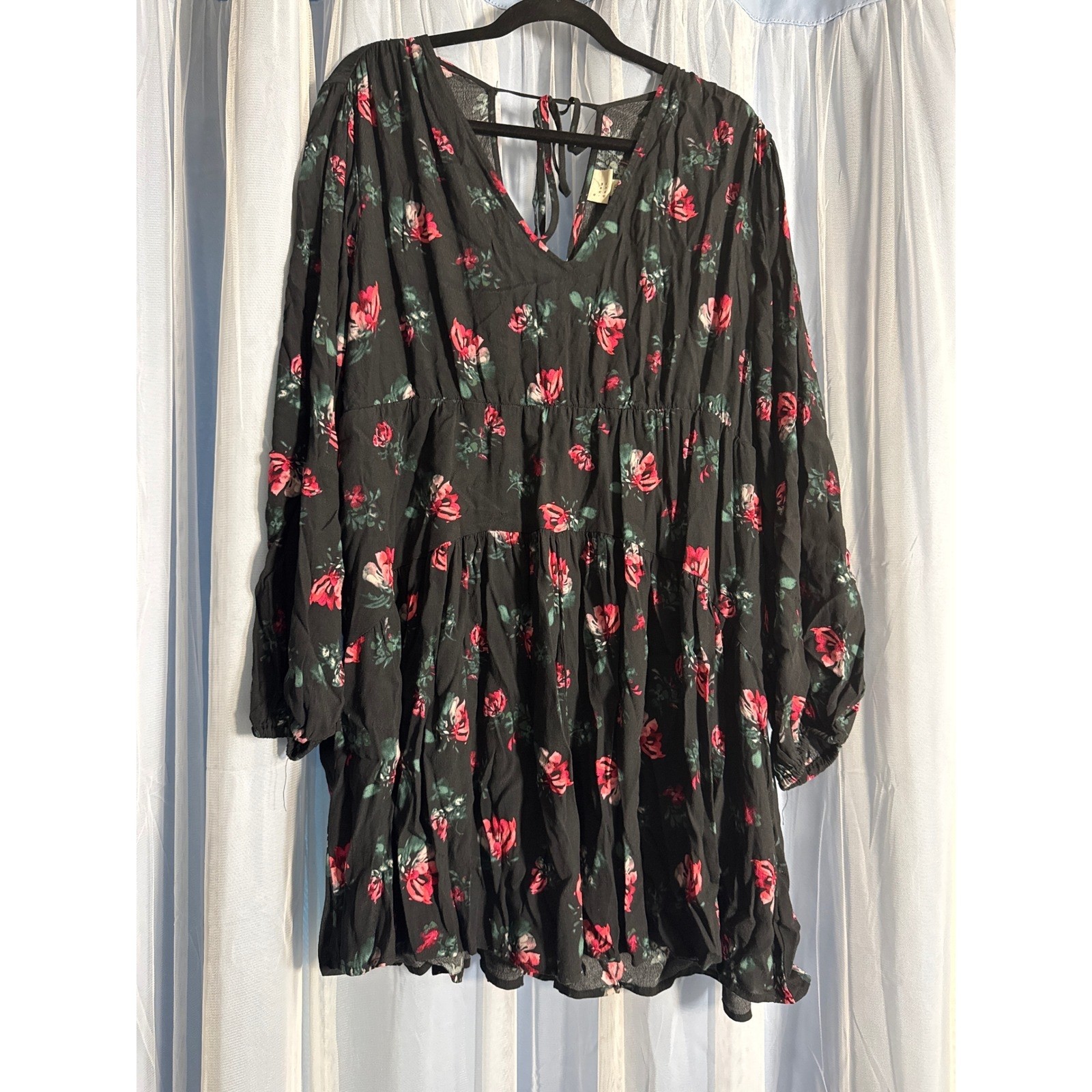 A New Day Floral Mini Dress Womens XXL Black Babydoll Long Sleeve