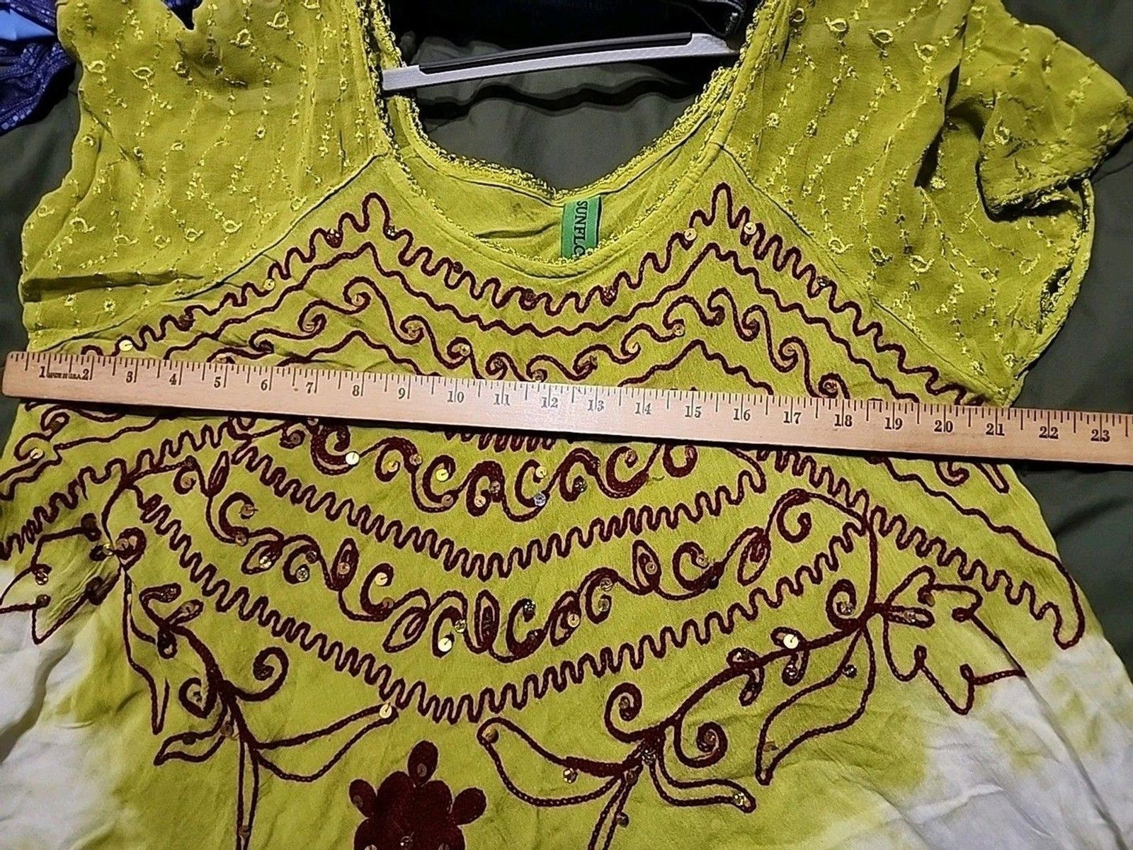 Sunflower Boho Tunic Top L/XL Green Yellow Tie Dye Embroidered Sequin Festival
