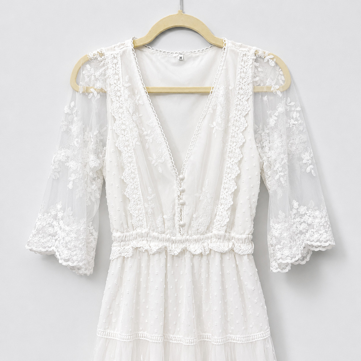 Womens White Floral Lace Swiss Dot Maxi Dress M Boho Embroidered Prairie Lined