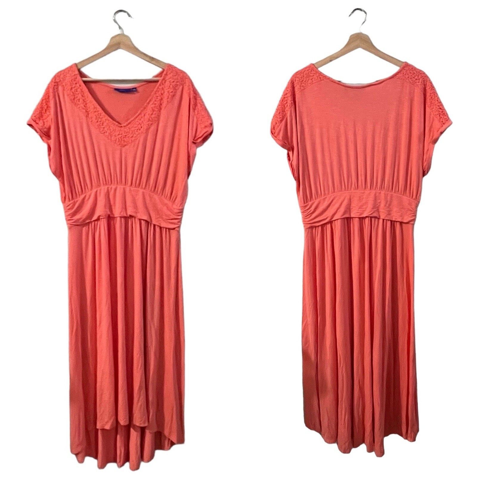 APT. 9 Knit Maxi Dress Size XL Bright Coral Salmon Pink Lace Empire Waist