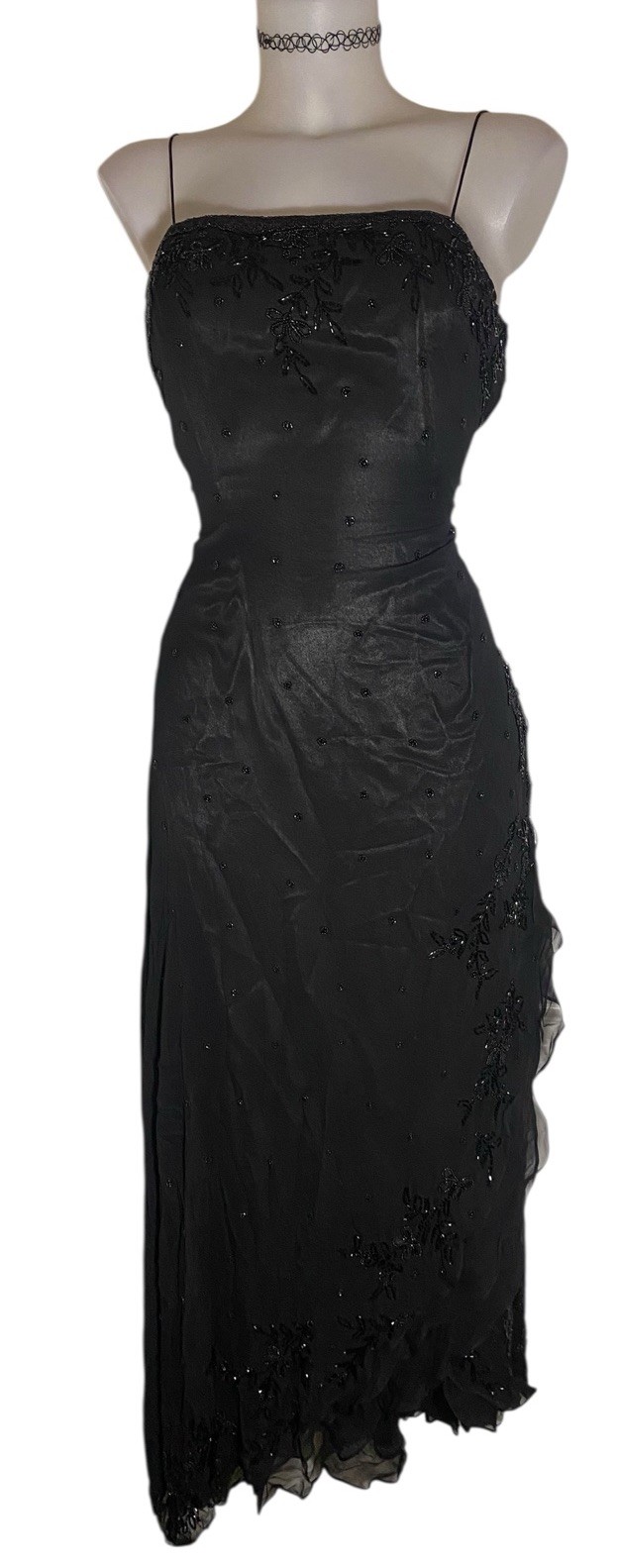Vtg Scala Sz L Womens Black Silk Beaded Ruffle Witchy Whimsigoth Maxi Slip Dress