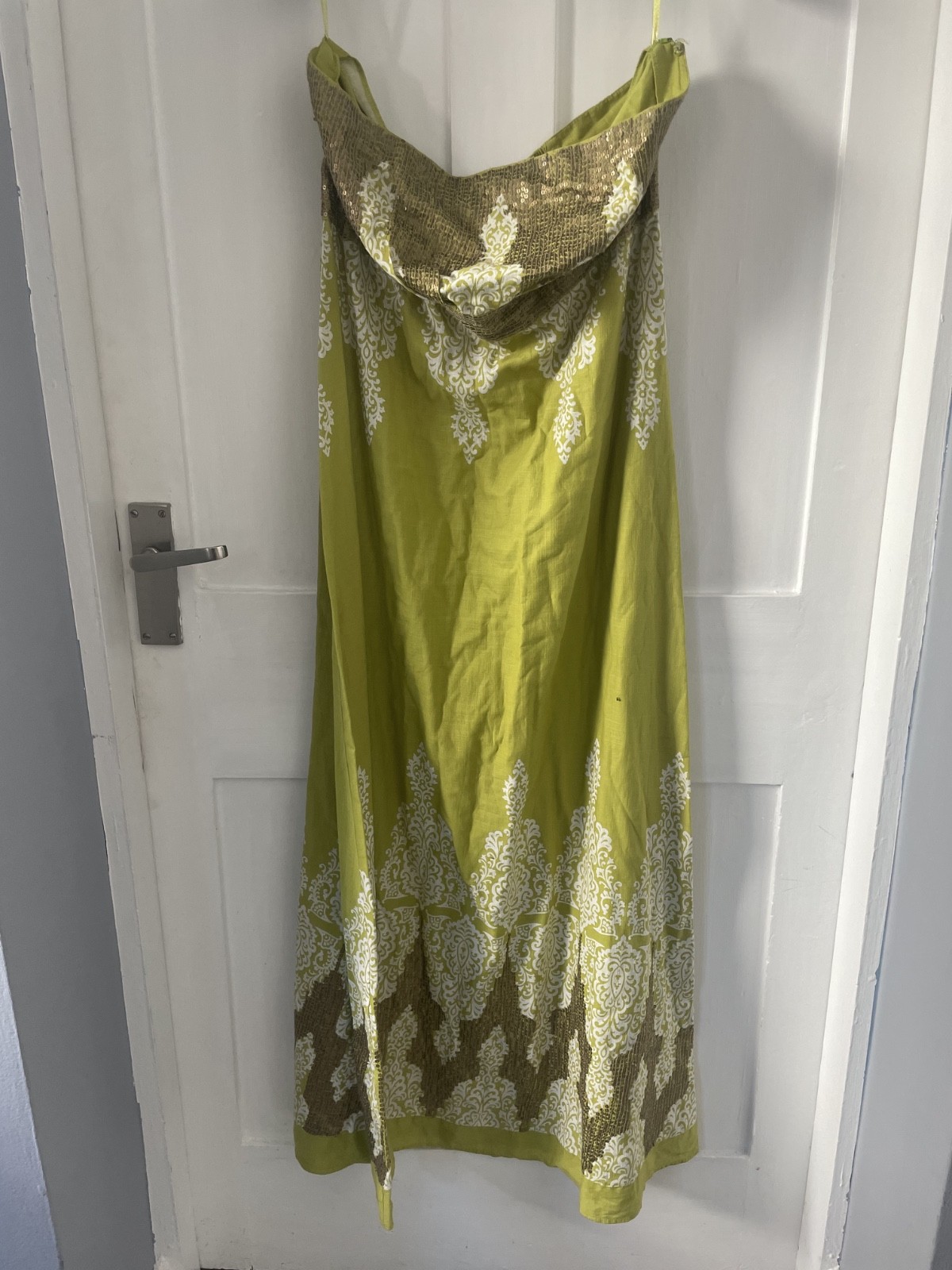 Vintage Monsoon Lime Green Sequin Strapless Maxi Dress UK 16 Boho Summer Party
