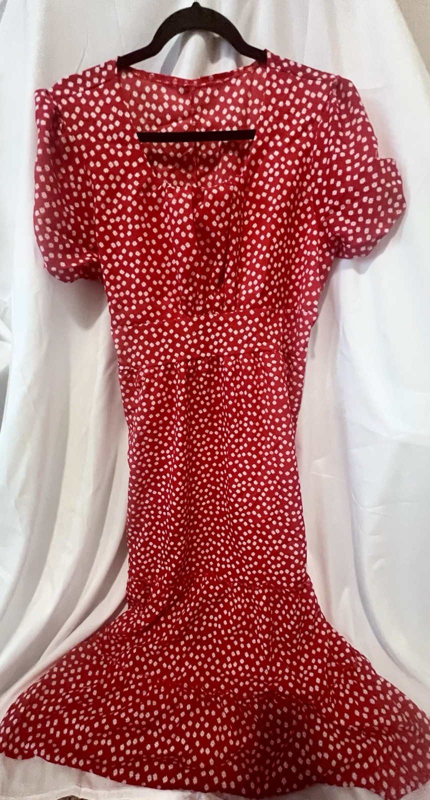 Women’s Plus 16W Red/White Polka Dot Blouson Midi V-Neck Puff Sleeve Dress