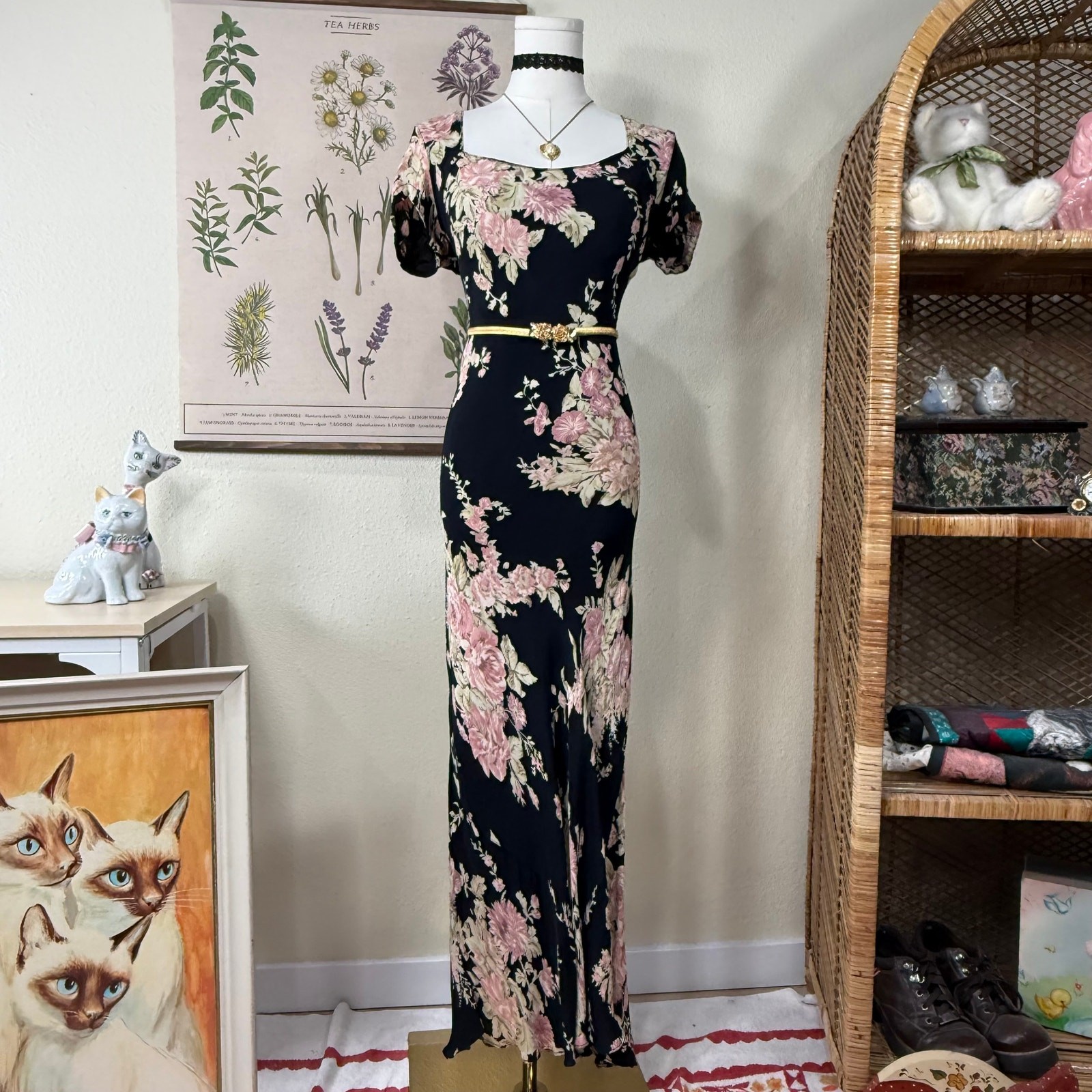 Vintage 90s Floral Maxi Dress Fairy Dark Coquette Fairy Whimsigoth Romantic S