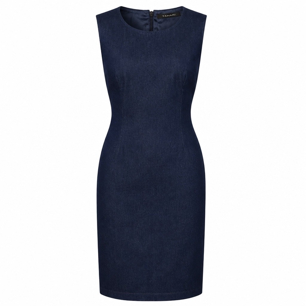 NWT 10 T Tahari Navy Blue Career Denim Sleeveless Sheath Dress