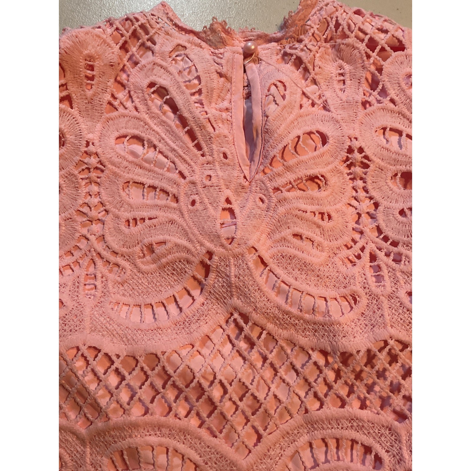 SHEIN Pink Butterfly Guipure Lace Mock Neck Puff Sleeve Shift Dress Large 8/10