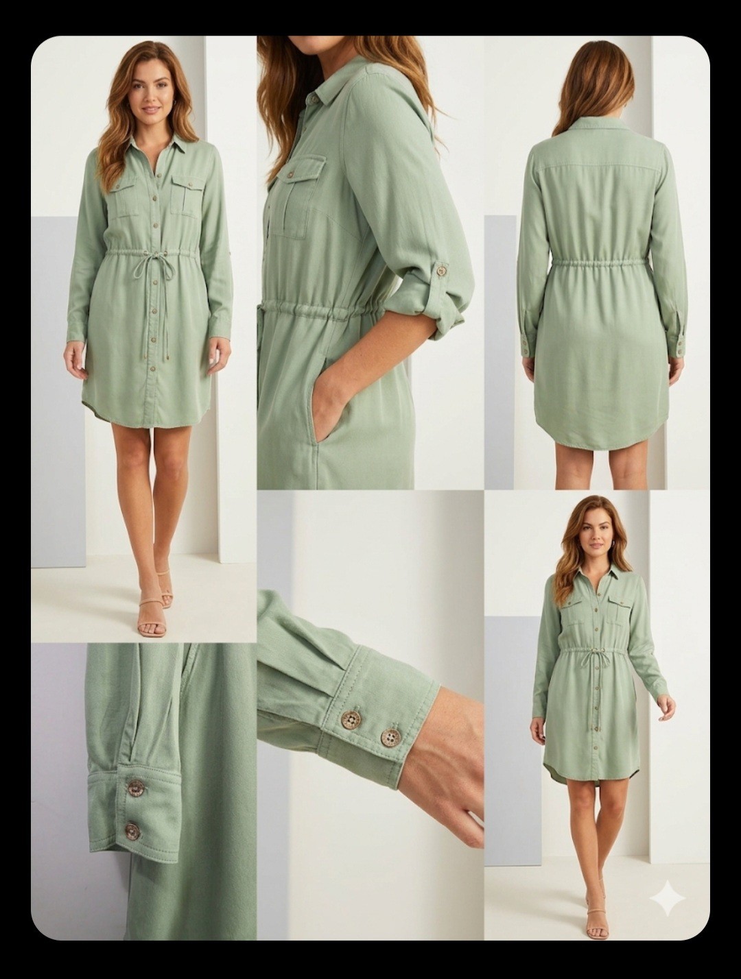 GUESS Green Solid Collared Button-Front Shirt Dress Pockets Long Sleeve, S