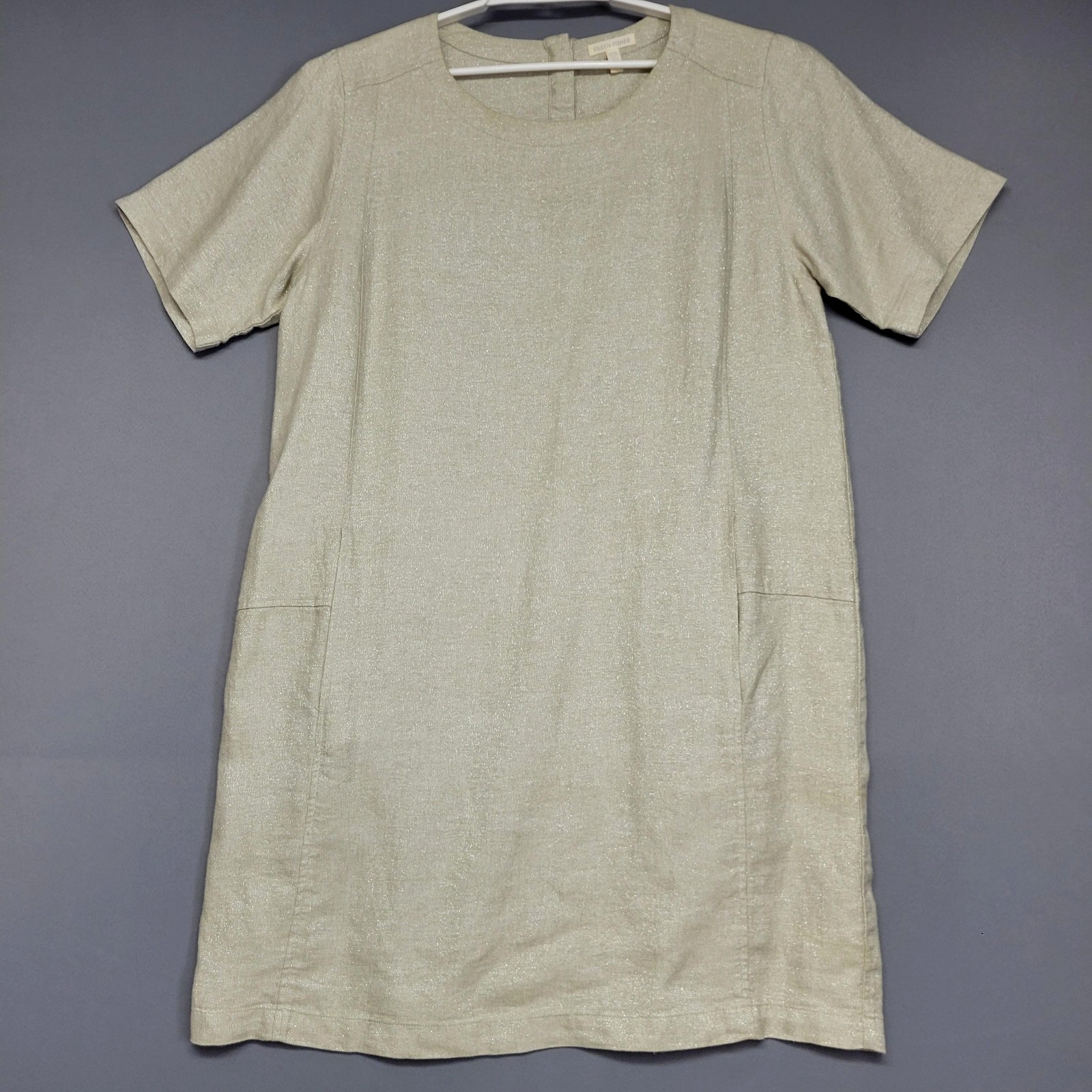 Eileen Fisher Lagenlook Organic Linen Blend Dress Womens L Beige Metallic Shift