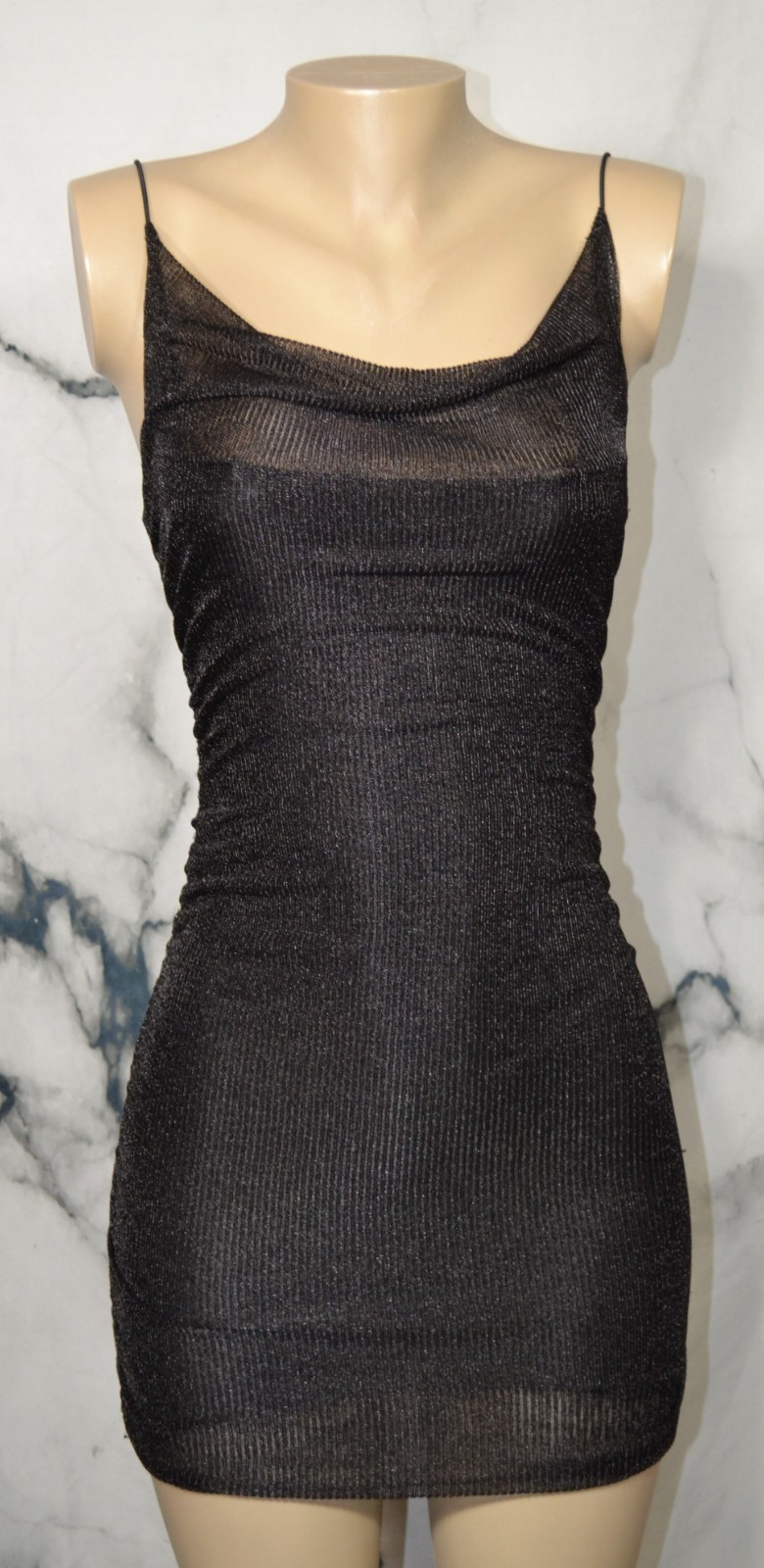 LUVALOT Shiny Black Mesh Spaghetti Strap Dress 4 Ruched Sides Draped Neckline