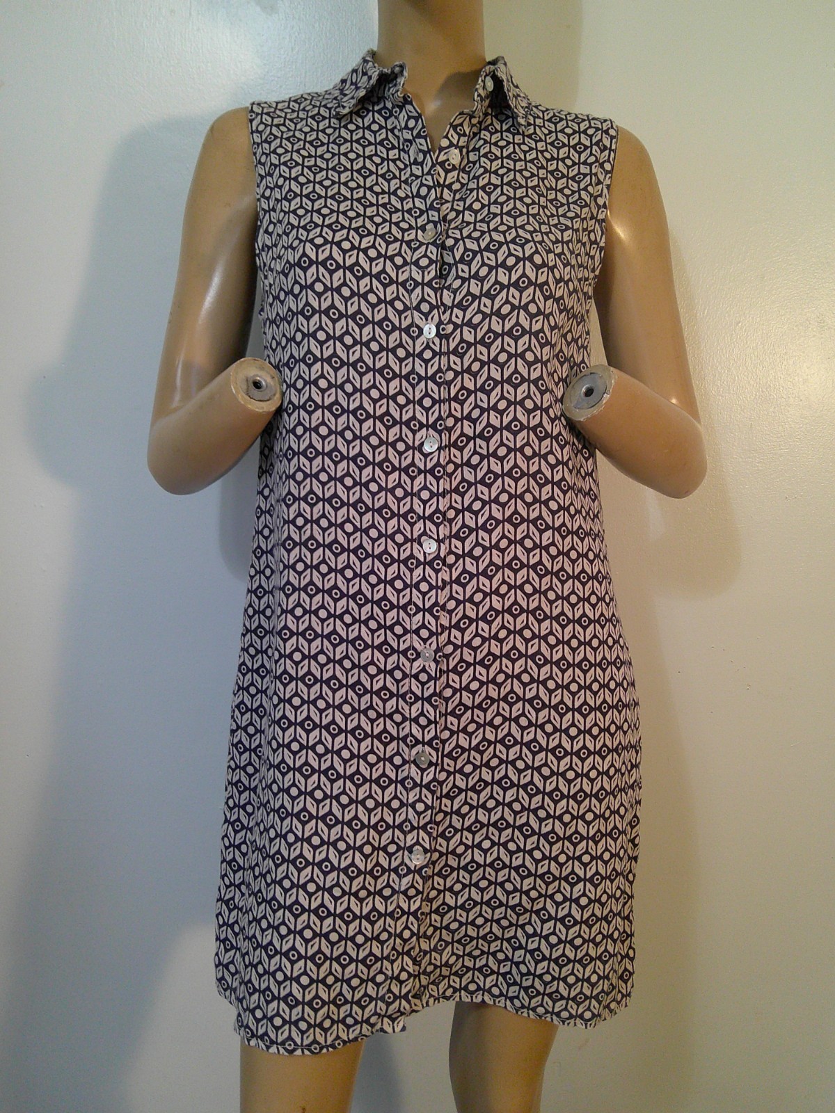 Lina Tomei Italy Navy print 100% Linen Sleeveless Shift/Shirt Dress M EXCELLENT