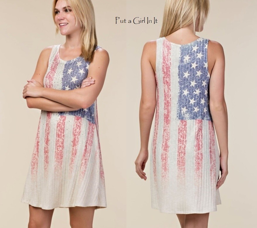 Vocal Apparel Women’s Crystal American Flag Boho Sleeveless Tank Dress S M L