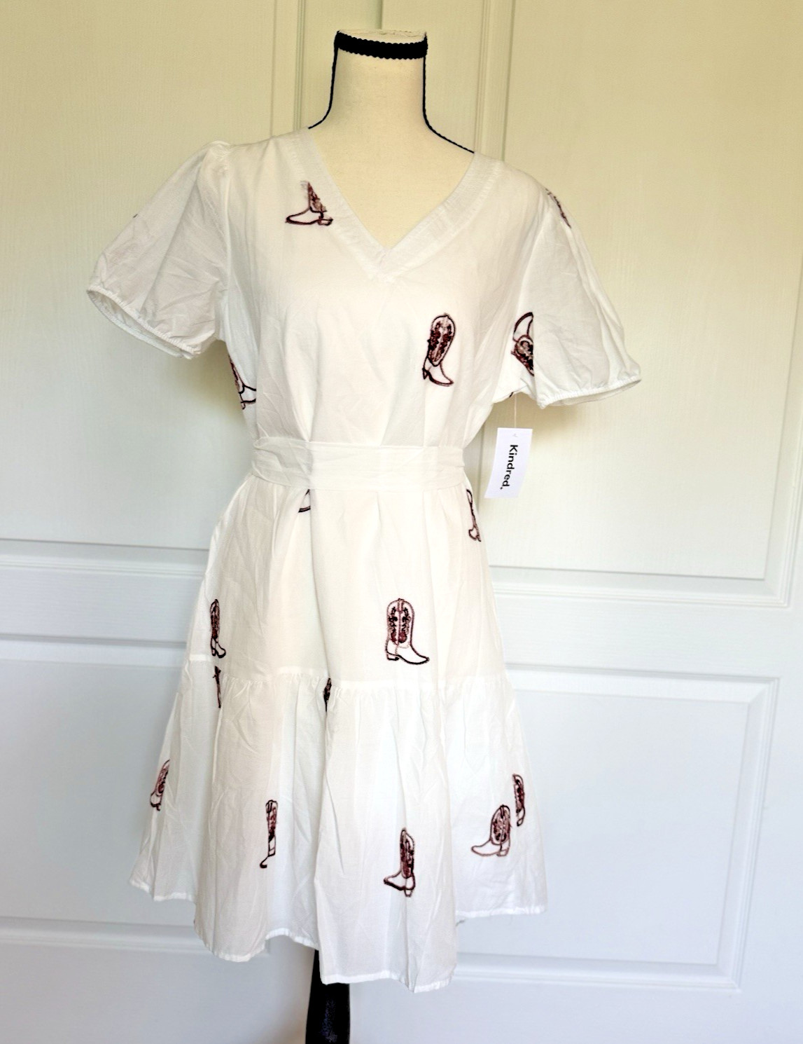 Kindred Dress White Cowboy Brown Boot Print Tie-Waist Western Babydoll M