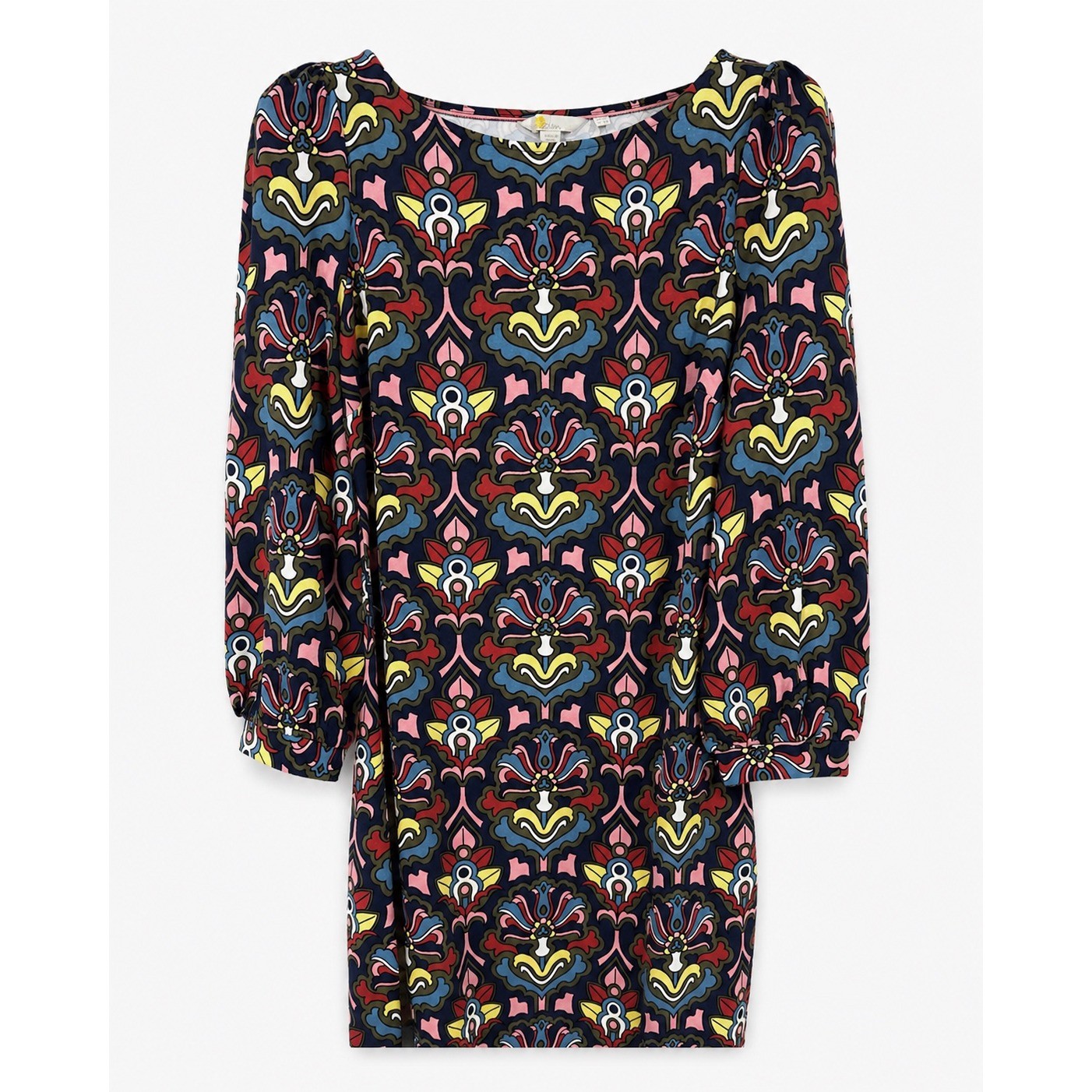 Boden Shift Dress Navy Multicolor Retro Damask Print 3/4 Sleeve US 6R D0310