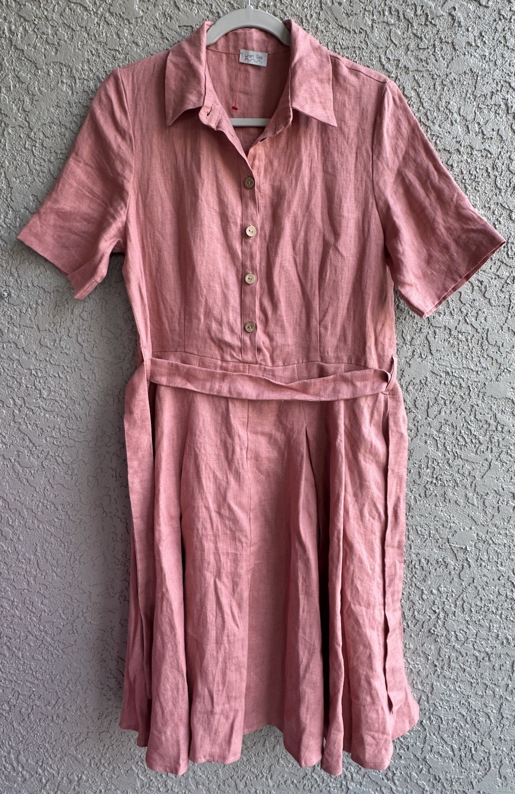 Linen Sea Women’s Pleated Linen Dress Salmon Pink Belted Button Pocket Size M