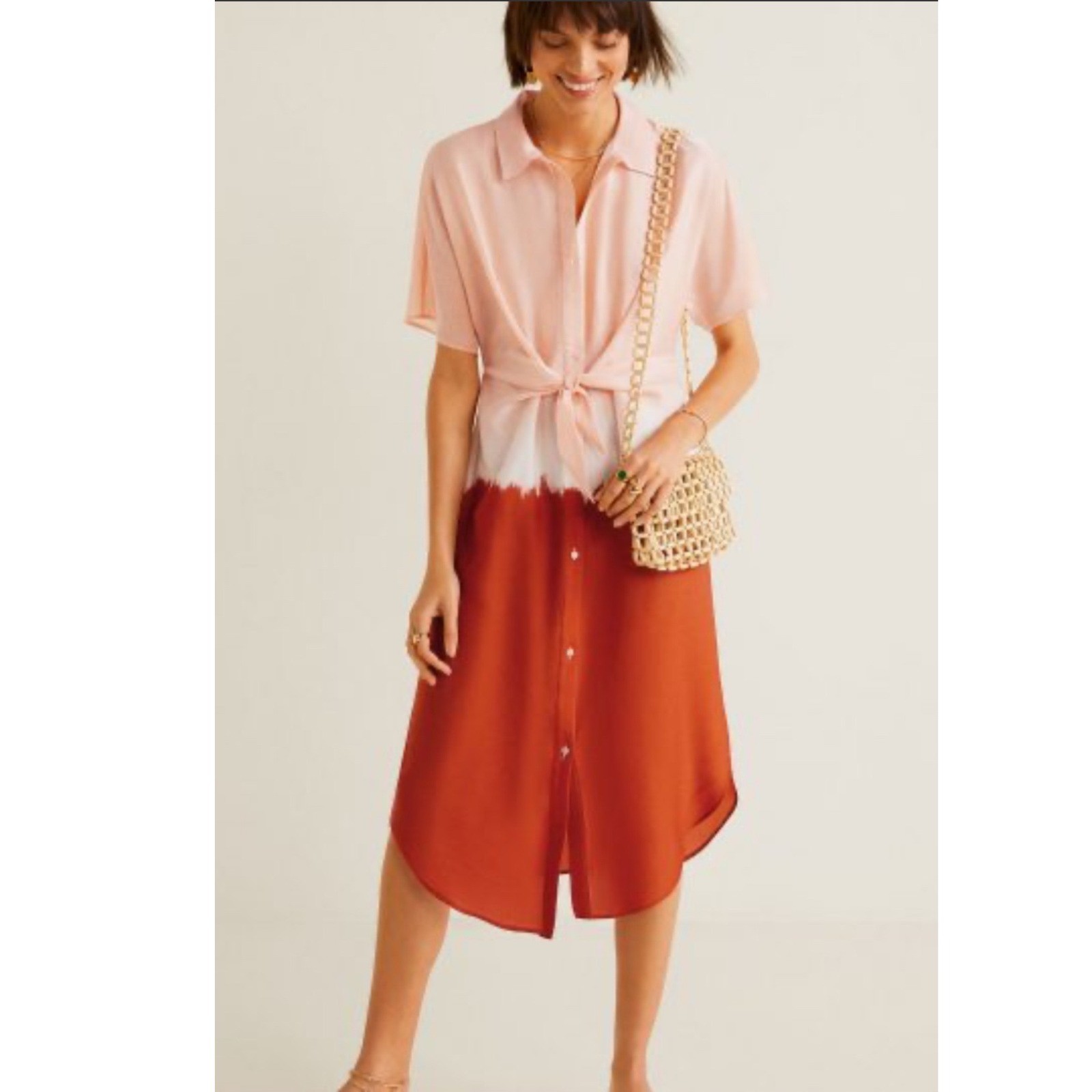 Anthropologie Mango Tie-Front Dip-Dye Midi Shirt Dress Peach Orange Rust Ombre