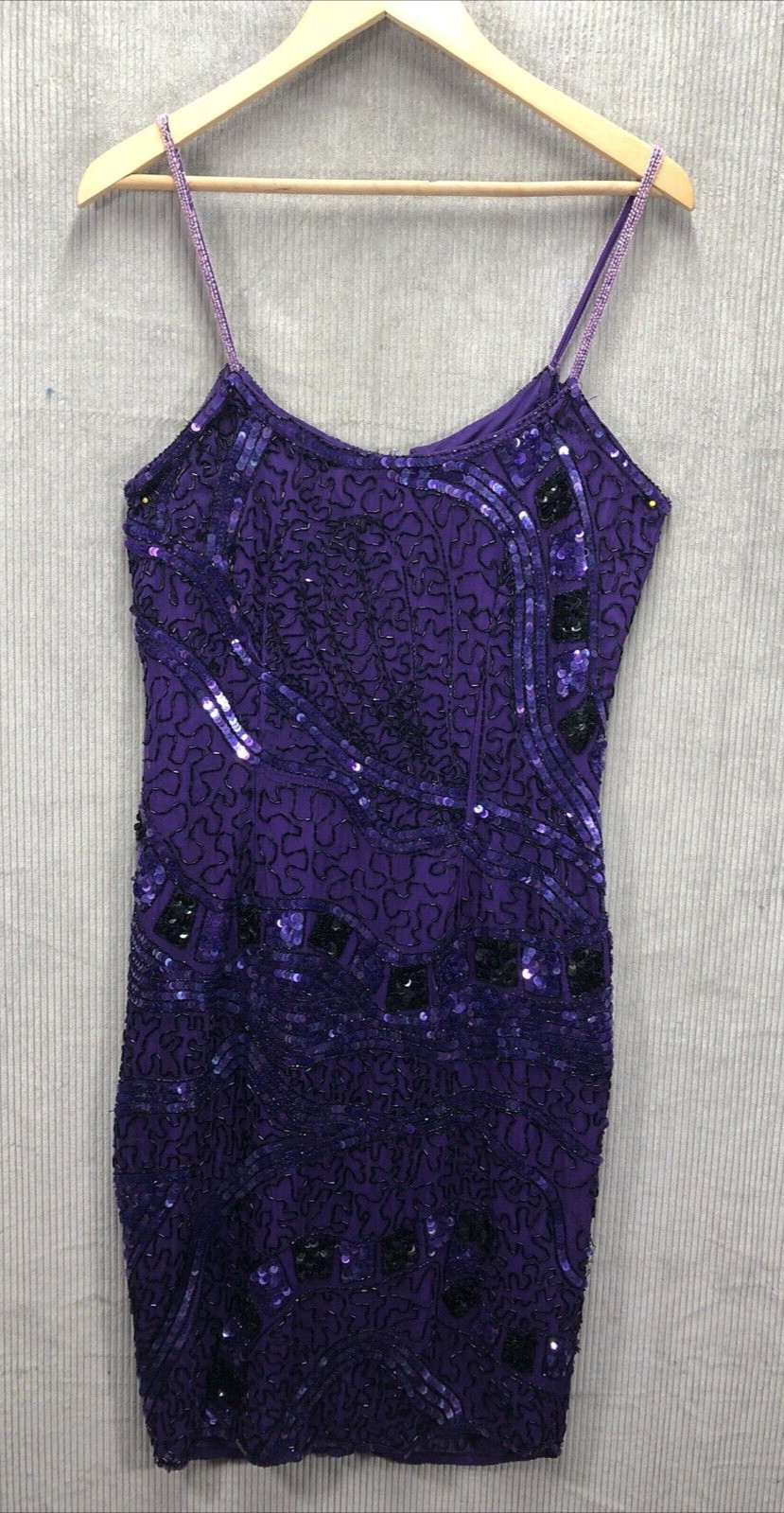Vintage SWEELO Slip Dress Size Unknown Purple Sequin 100% Silk Spaghetti Strap